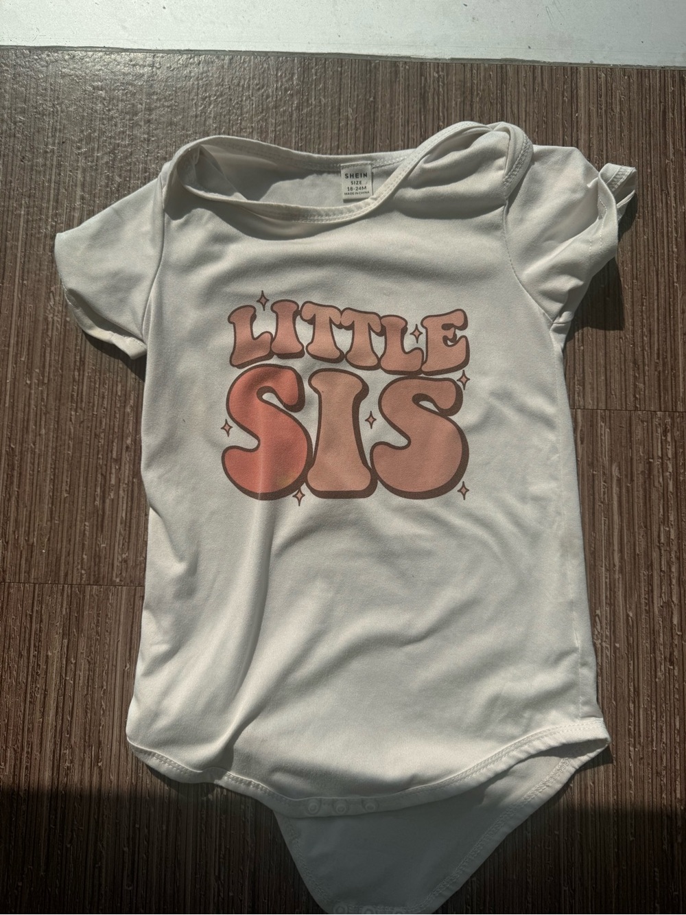 SHEIN White Bodysuit with Retro Pink 'Little Sis' Graphic